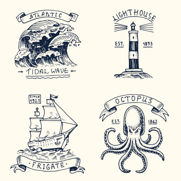 set of engraved vintage, hand drawn, old, labels or badges for atlantic tidal wave, lighthouse and octopus or sea creature, frigate or ship. Marine and nautical or sea, ocean emblems set of engraved vintage, hand drawn, old, labels or badges for atlantic tidal wave, lighthouse and octopus or sea creature, frigate or ship. Marine and nautical or sea, ocean emblems sailor hat stock illustrations