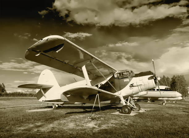 istock Old plane biplane on the airfield. 696304446
