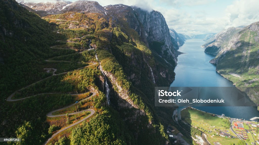 Scenic aerial view of Lysefjorden and winding road Scenic aerial view of Lysefjorden and winding road, Norway Norway Stock Photo
