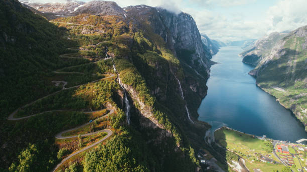 Scenic aerial view of Lysefjorden and winding road Scenic aerial view of Lysefjorden and winding road, Norway lysefjorden stock pictures, royalty-free photos & images