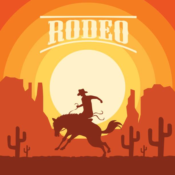 illustrazioni stock, clip art, cartoni animati e icone di tendenza di poster rodeo con silhouette da cowboy a cavallo e toro selvaggio. illustrazione vettoriale - steeplechasing