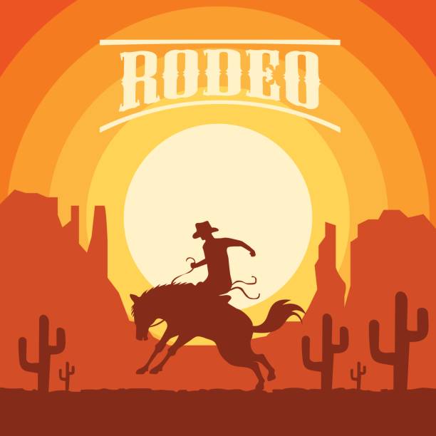 ilustrações, clipart, desenhos animados e ícones de cartaz do rodeio com silhueta de cowboy montando touro e cavalos selvagens. ilustração vetorial - steeplechasing