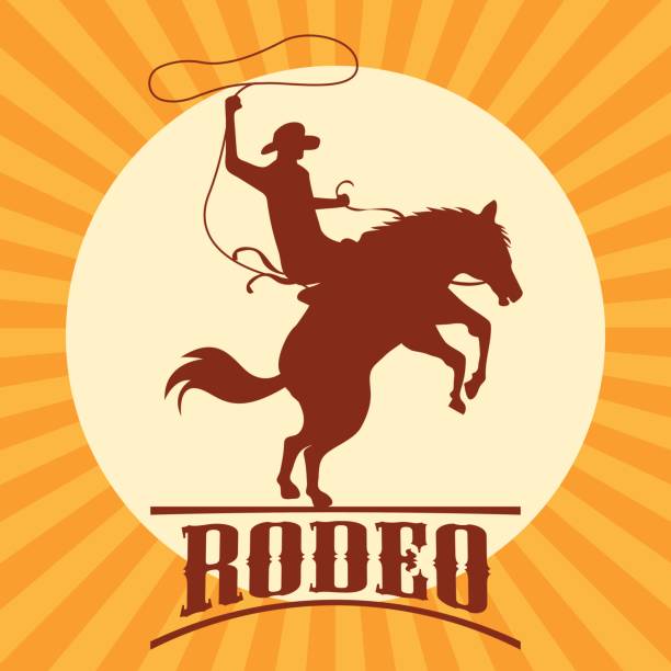 rodeo-plakat mit cowboy-silhouette auf wildes pferd und stier reiten. vektor-illustration - rodeo bull bull riding cowboy stock-grafiken, -clipart, -cartoons und -symbole