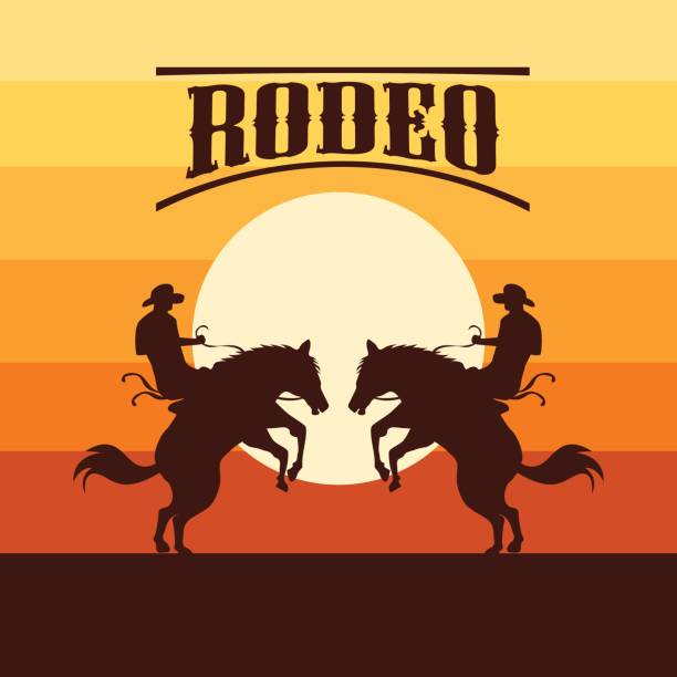 rodeo-plakat mit cowboy-silhouette auf wildes pferd und stier reiten. vektor-illustration - rodeo bull bull riding cowboy stock-grafiken, -clipart, -cartoons und -symbole