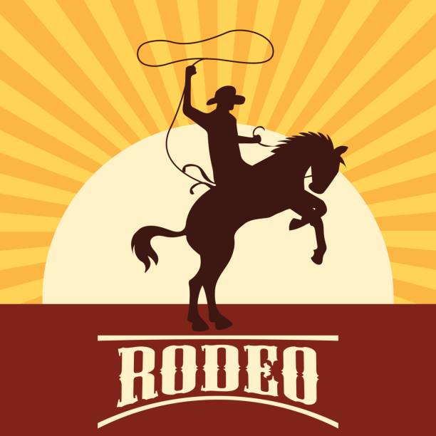 rodeo-plakat mit cowboy-silhouette auf wildes pferd und stier reiten. vektor-illustration - rodeo bull bull riding cowboy stock-grafiken, -clipart, -cartoons und -symbole