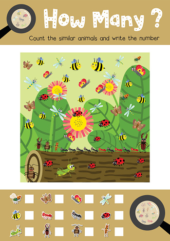 Counting game of insect bug animals for preschool kids activity worksheet layout in A4 colorful printable version. Vector Illustration.