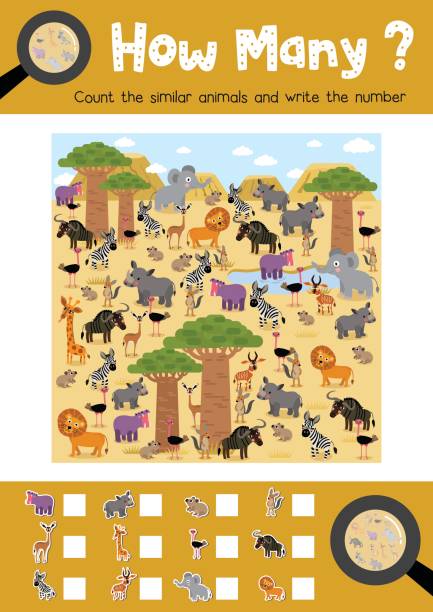 How many african animal Counting game of african animals for preschool kids activity worksheet layout in A4 colorful printable version. Vector Illustration. kid doing homework clip art stock illustrations