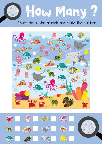 ilustrações, clipart, desenhos animados e ícones de quantos animais do oceano - sheet