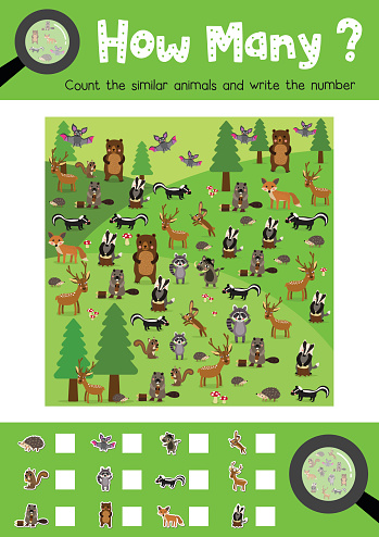 Counting game of forest animals for preschool kids activity worksheet layout in A4 colorful printable version. Vector Illustration.