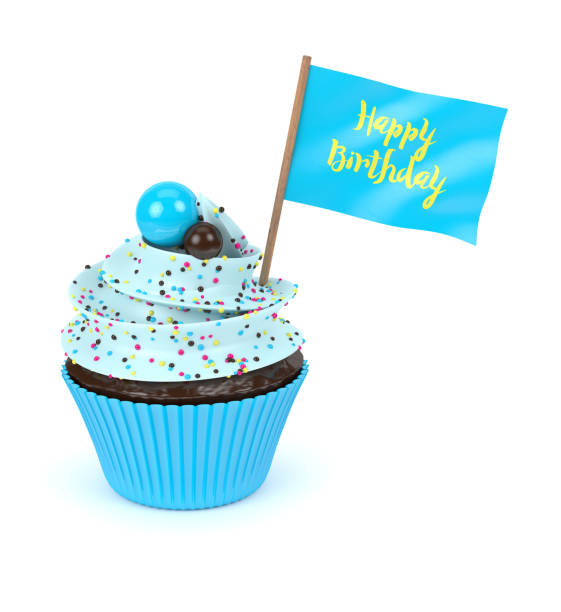 3d sweet cupcake with happy birthday flag isolated on white background