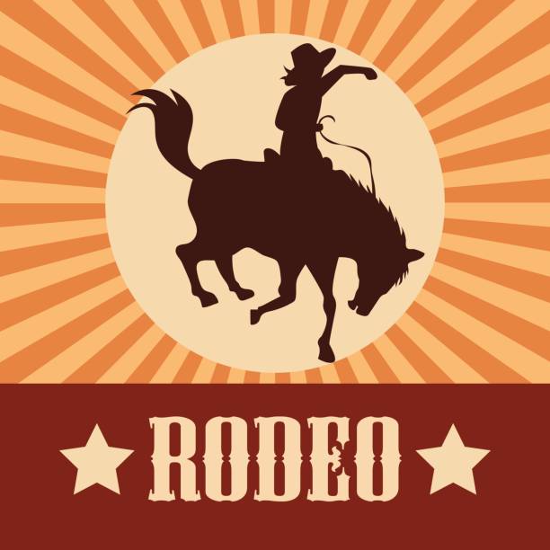 rodeo-plakat mit cowgirl silhouette auf wildes pferd und stier reiten. vektor-illustration - rodeo bull bull riding cowboy stock-grafiken, -clipart, -cartoons und -symbole