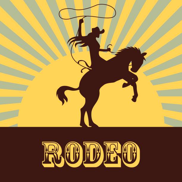 rodeo-plakat mit cowgirl silhouette auf wildes pferd und stier reiten. vektor-illustration - rodeo bull bull riding cowboy stock-grafiken, -clipart, -cartoons und -symbole