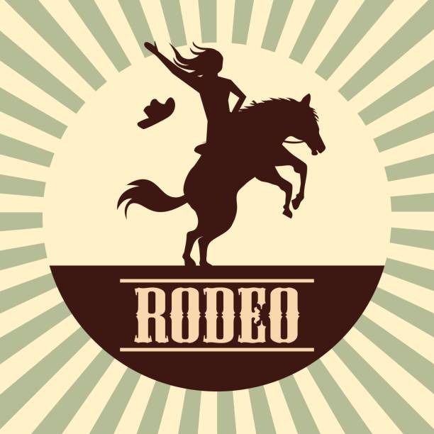 rodeo-plakat mit cowgirl silhouette auf wildes pferd und stier reiten. vektor-illustration - rodeo bull bull riding cowboy stock-grafiken, -clipart, -cartoons und -symbole