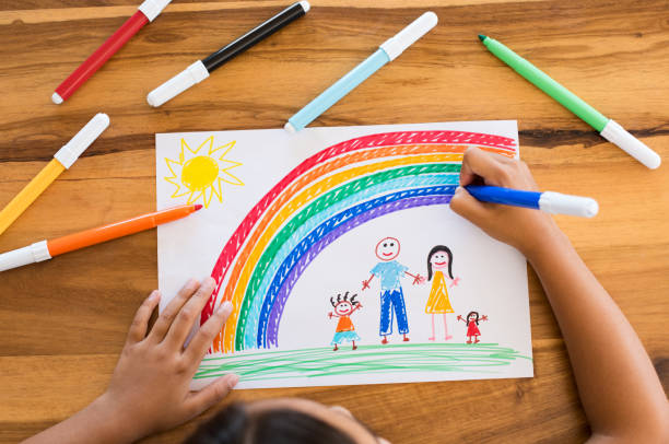 istock Child drawing happy family 696318568