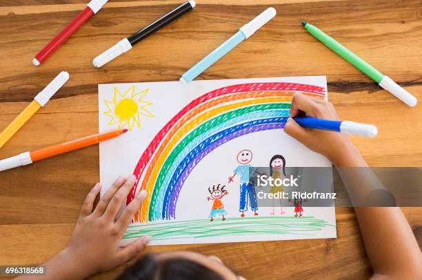 Child Drawing Happy Family Stock Photo - Download Image Now - Child, Drawing - Activity, Drawing - Art Product