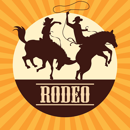rodeo poster with cowboy and cowgirl silhouettes riding on wild horse and bull. vector illustration