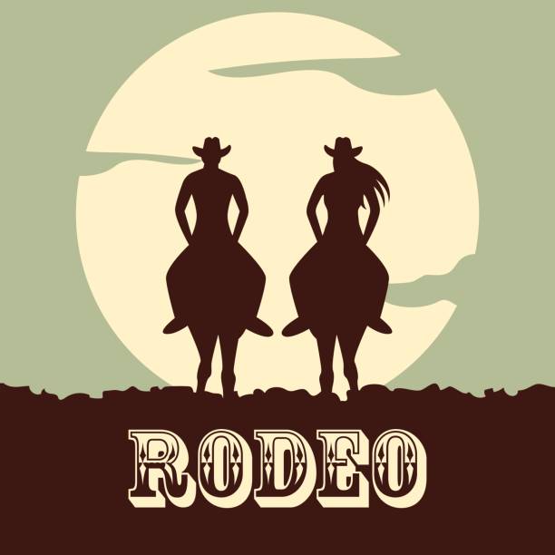 rodeo-poster mit cowboy und cowgirl silhouetten auf wildes pferd und stier reiten. vektor-illustration - rodeo bull bull riding cowboy stock-grafiken, -clipart, -cartoons und -symbole