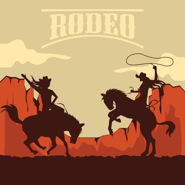로데오 황소와 야생 말을 타고 카우보이 카우걸 실루엣 포스터. 벡터 일러스트 레이 션 - rodeo cowboy horse silhouette stock illustrations