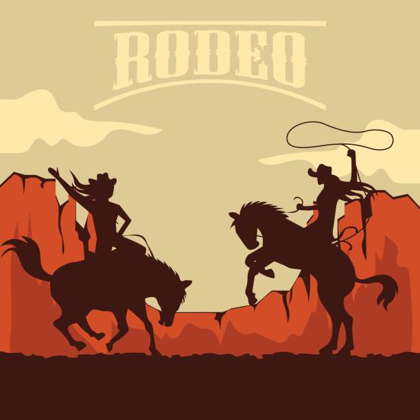 ilustrações, clipart, desenhos animados e ícones de cartaz do rodeio com silhuetas cowboy e cowgirl montando no touro e cavalo selvagem. ilustração vetorial - rodeo cowboy horse silhouette