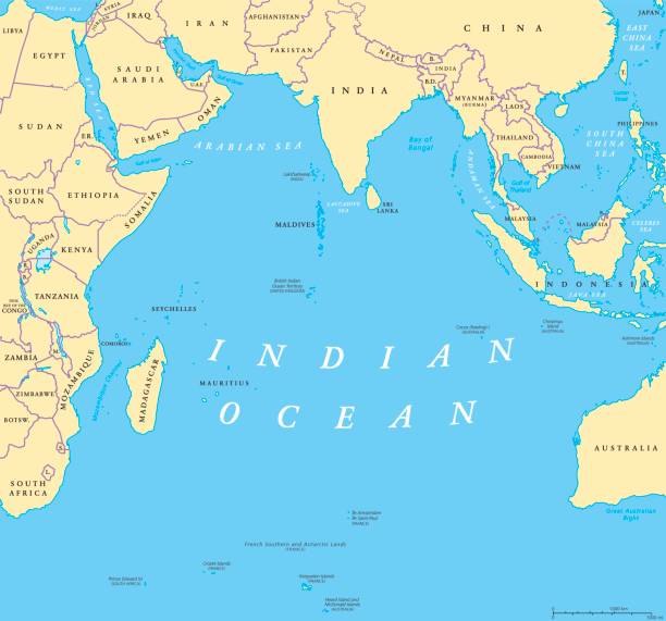Indian Ocean political map Indian Ocean political map. Countries and borders. World's third largest ocean division, bounded by Africa, Asia, Antarctica and Australia. Named after India.  Illustration. English labeling. Vector. indian ocean islands stock illustrations