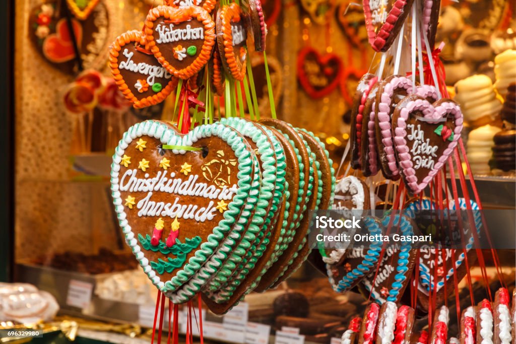 Decorated Gingerbread Heart at the Christmas Market - Innsbruck, Austria Innsbruck Stock Photo