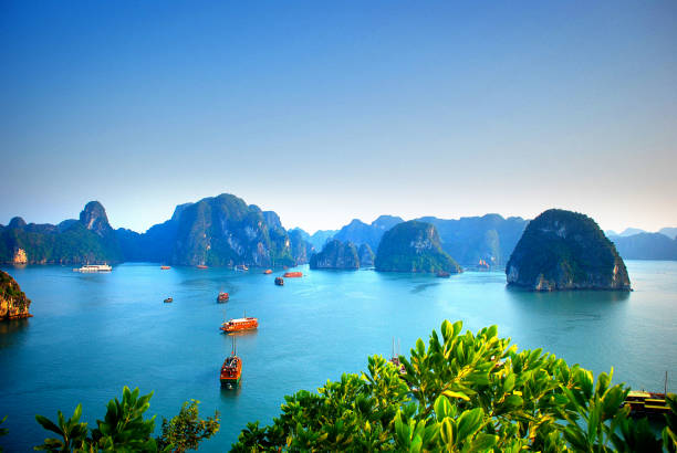 Aerial view of boats sailing in Halong Bay Vietnam stock photo