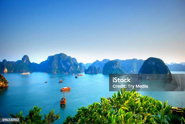 Aerial View Of Boats Sailing In Halong Bay Vietnam Stock Photo - Download Image Now - Hạ Long Bay, Vietnam, Aerial View