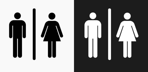 illustrazioni stock, clip art, cartoni animati e icone di tendenza di icona del segno del bagno maschile e femminile su sfondi vettoriali in bianco e nero - gabinetto