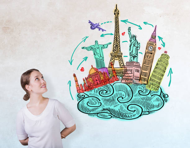 istock Cheerful woman with travel sketch 696333568