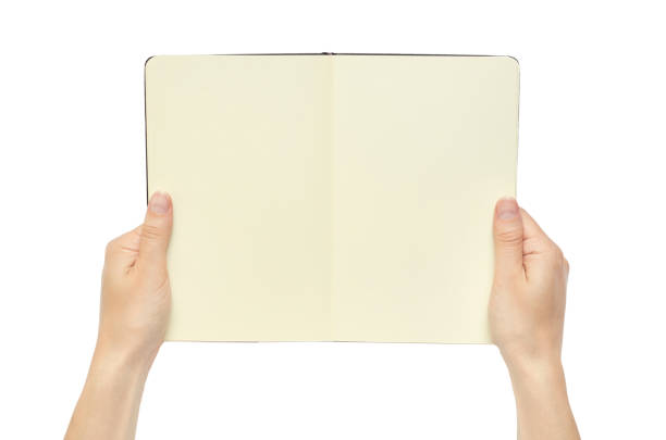 istock Beautiful female hand holding note book. Isolated on white background 696334112