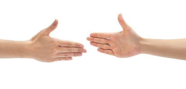 istock Beautiful female hand greeting gesture. Isolated on white background 696334114