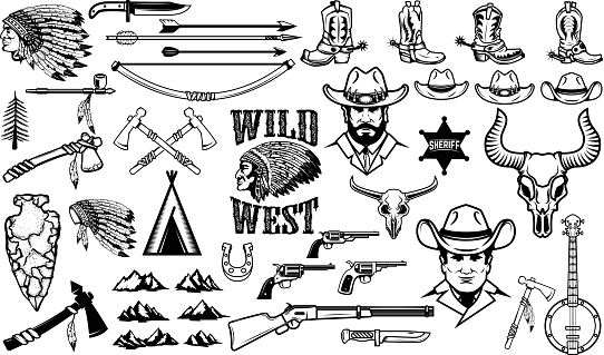 Big set of wild west icons.Cowboys, indians, vintage weapon. Design elements for label, emblem, sign, badge. Vector illustration