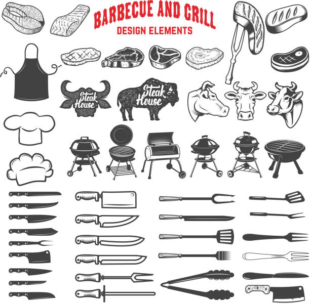 барбекю и гриль. элементы дизайна для этикетки, эмблемы, знака, меню, плаката. иллюстрация вектора - barbecue grill chef barbecue sausage stock illustrations
