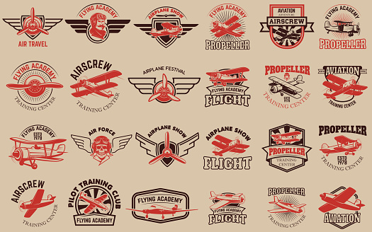 Set of airplane training center emblems. Design elements for label, emblem, sign. Vector illustration.