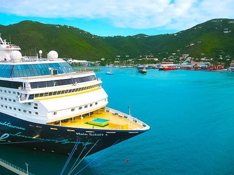 Road Town, Tortola, British Virgin Islands - February 06, 2013: Cruise ship Mein Schiff 1 docked in port Caribbean at Road Town, Tortola, British Virgin Islands on February 06, 2013