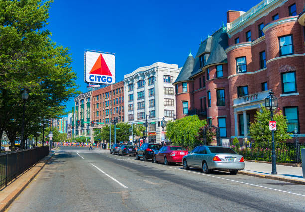 Boston, Massachusetts, USA: Boston Marathon, view of Kenmore Square and big Citgo logo on rooftop of building stock photo