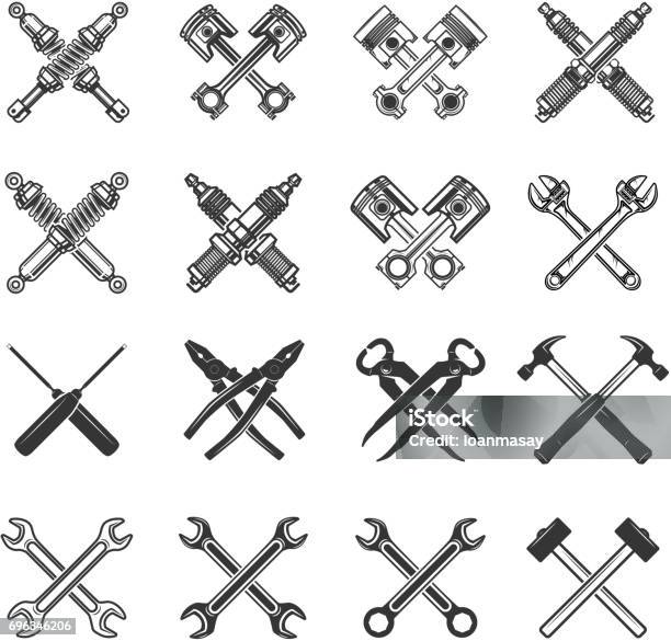 Set Of The Crossed Tools And Car Parts Design Elements For Label Emblem Sign Badge Vector Illustration Stock Illustration - Download Image Now