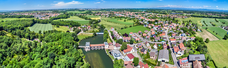 Aerial panorama of Eschau, a village near Strasbourg - Bas-Rhin, France