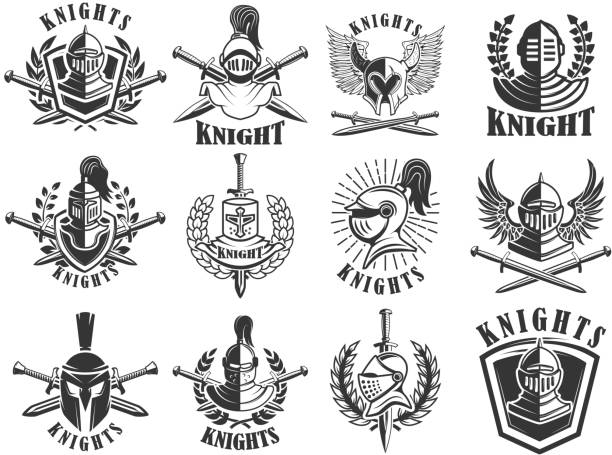 набор рыцарских эмблем. элементы дизайна для этикетки, эмблемы, знака, значка. иллюстрация вектора - gladiator sword warrior men stock illustrations