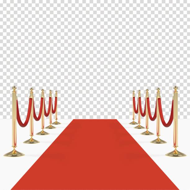 Red carpet with red ropes on golden stanchions Red carpet with red ropes on golden stanchions. Exclusive event, movie premiere, gala, ceremony, awards concept. Blank template illustration with space for an object, person, text. red carpet stock illustrations