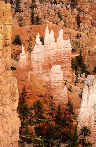 Bryce Canyon hoodoos with trails in view around the sandstone formations