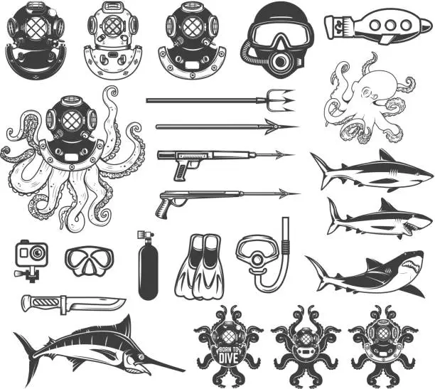 Vector illustration of Big set of diving icons. Diver equipment, weapon, sea animals. Design elements for label, emblem, sign, poster,t-shirt. Vector illustration