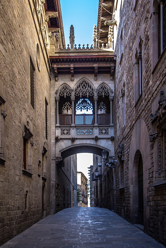 Neogothic bridge at Carrer del Bisbe (Bishop Street) in Barcelona, Catalonia, Spain