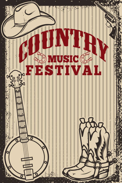 Country music festival poster template. Cowboy hat, cowboy boots, banjo. Vector illustration Country music festival poster template. Cowboy hat, cowboy boots, banjo. Vector illustration guitar borders stock illustrations