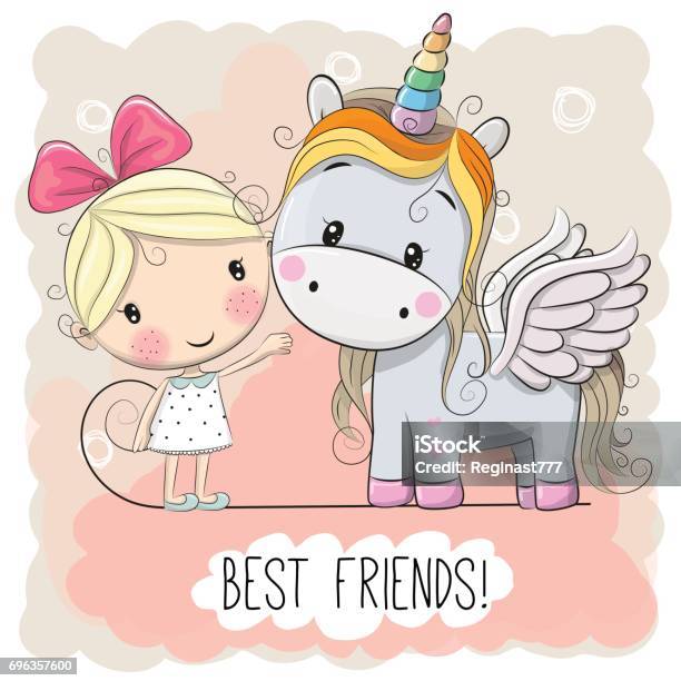Cute Cartoon Girl And Unicorn Stock Illustration - Download Image Now -  Cloud - Sky, Human Face, Rainbow - iStock