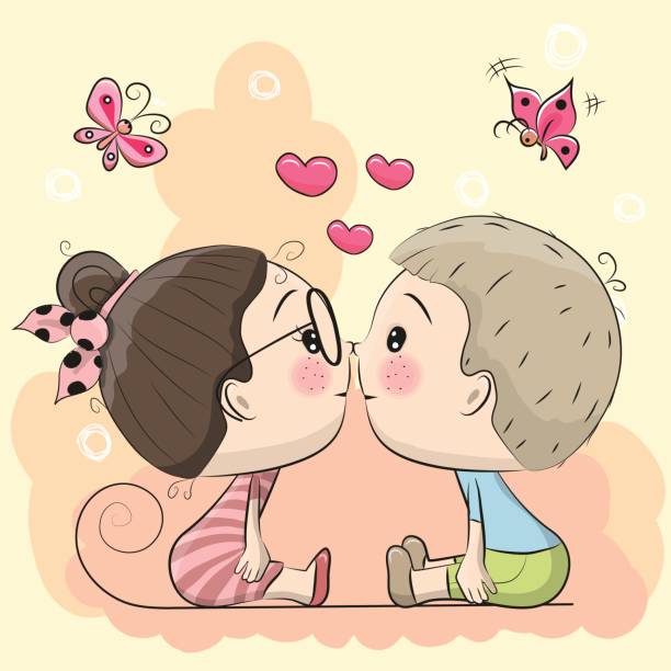 Cute Cartoon Boy And Girl Are Kissing Stock Illustration - Download Image  Now - Friendship, Small, Two People - iStock