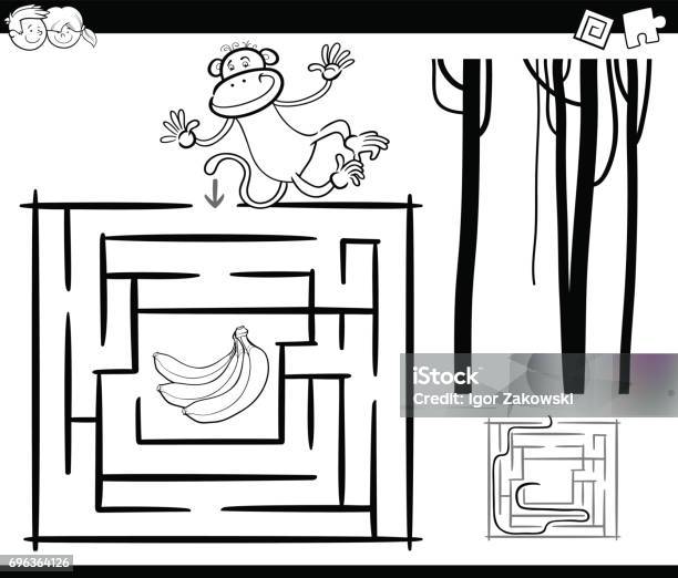 Maze With Monkey Coloring Page Stock Illustration - Download Image Now - Animal, Banana, Black And White