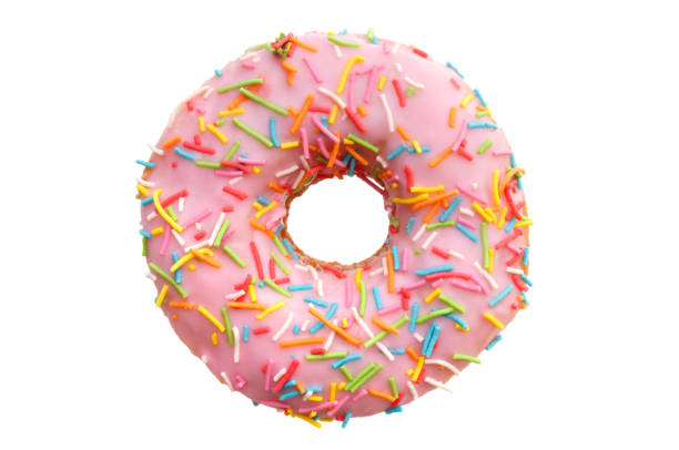 einzigen rosa donut - hergestellter gegenstand stock-fotos und bilder