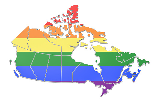 Canadian map with LGBT flag, 3D rendering