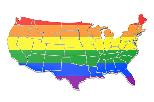 United states map with LGBT flag, 3D rendering